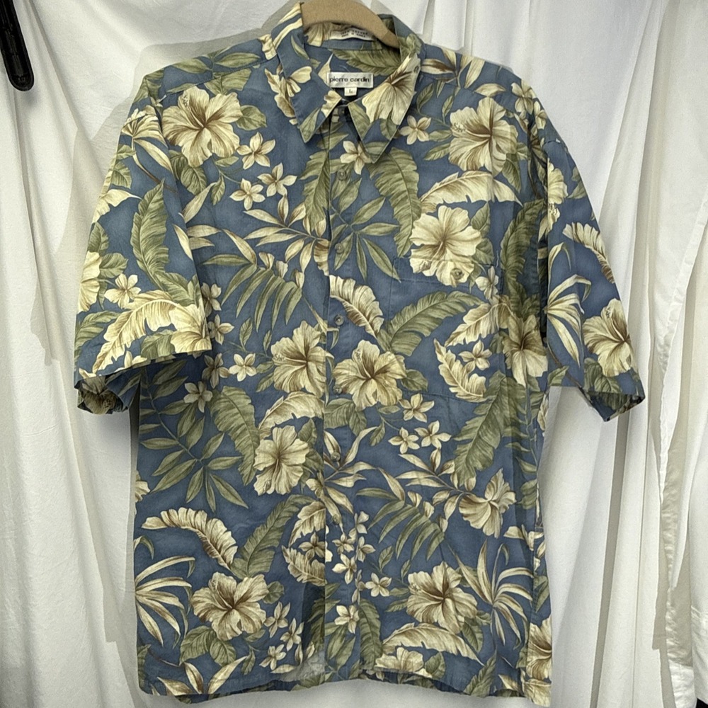 Pierre Cardin Hawaiian Shirt Men's Size L Cotton Floral Tropical Beach 100% Cott